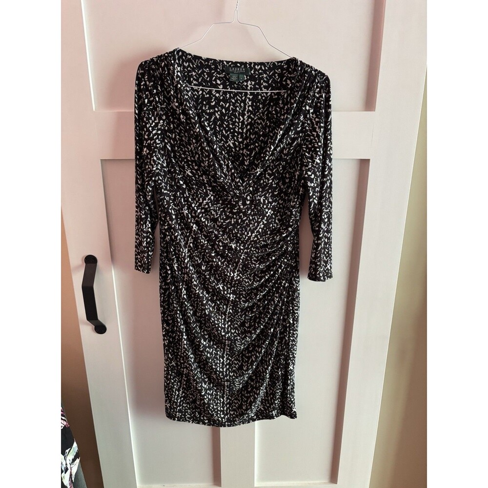 Lauren Ralph Lauren Ruched Faux Wrap Dress Size 14 Black White Print 3/4 Sleeve